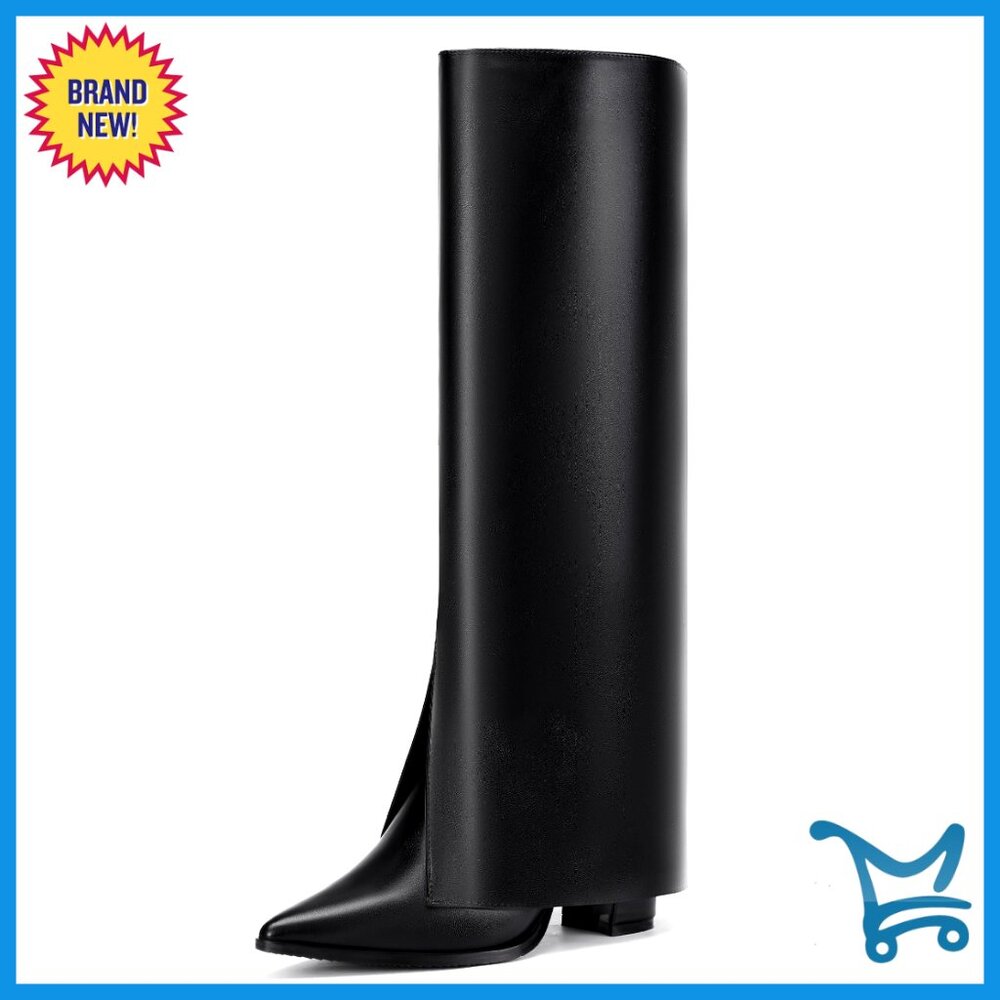 Knee High Shark Boots Fold Over Chunky Heel Pointed Toe Zip Up Booties